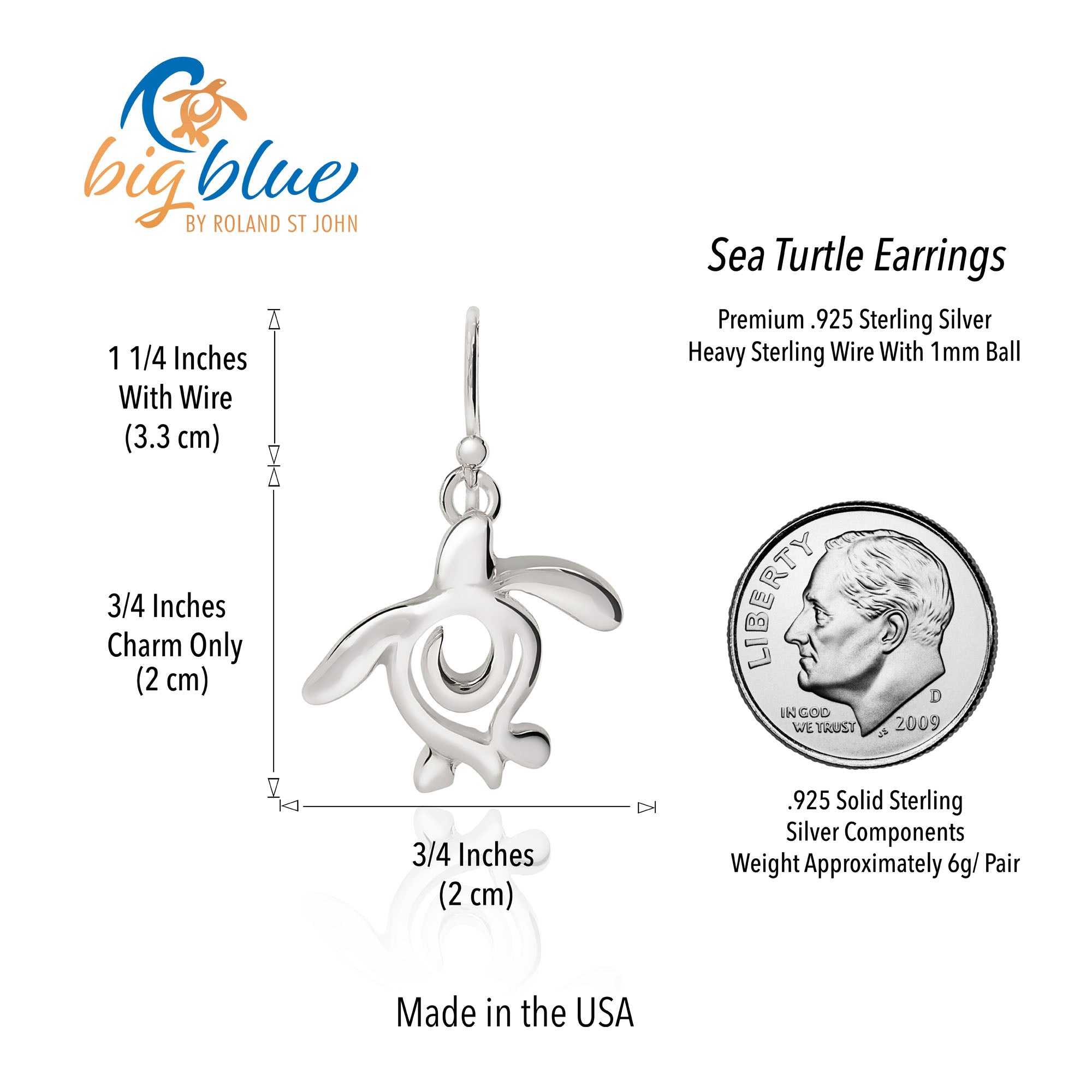 Honu Turtle Drop Sterling Silver Earrings