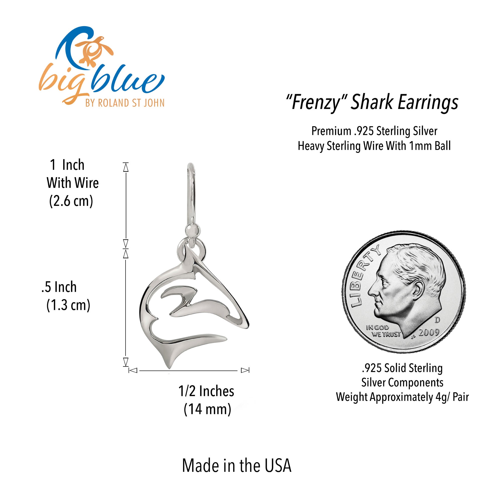 Shark earrings with measurements and details on a white background