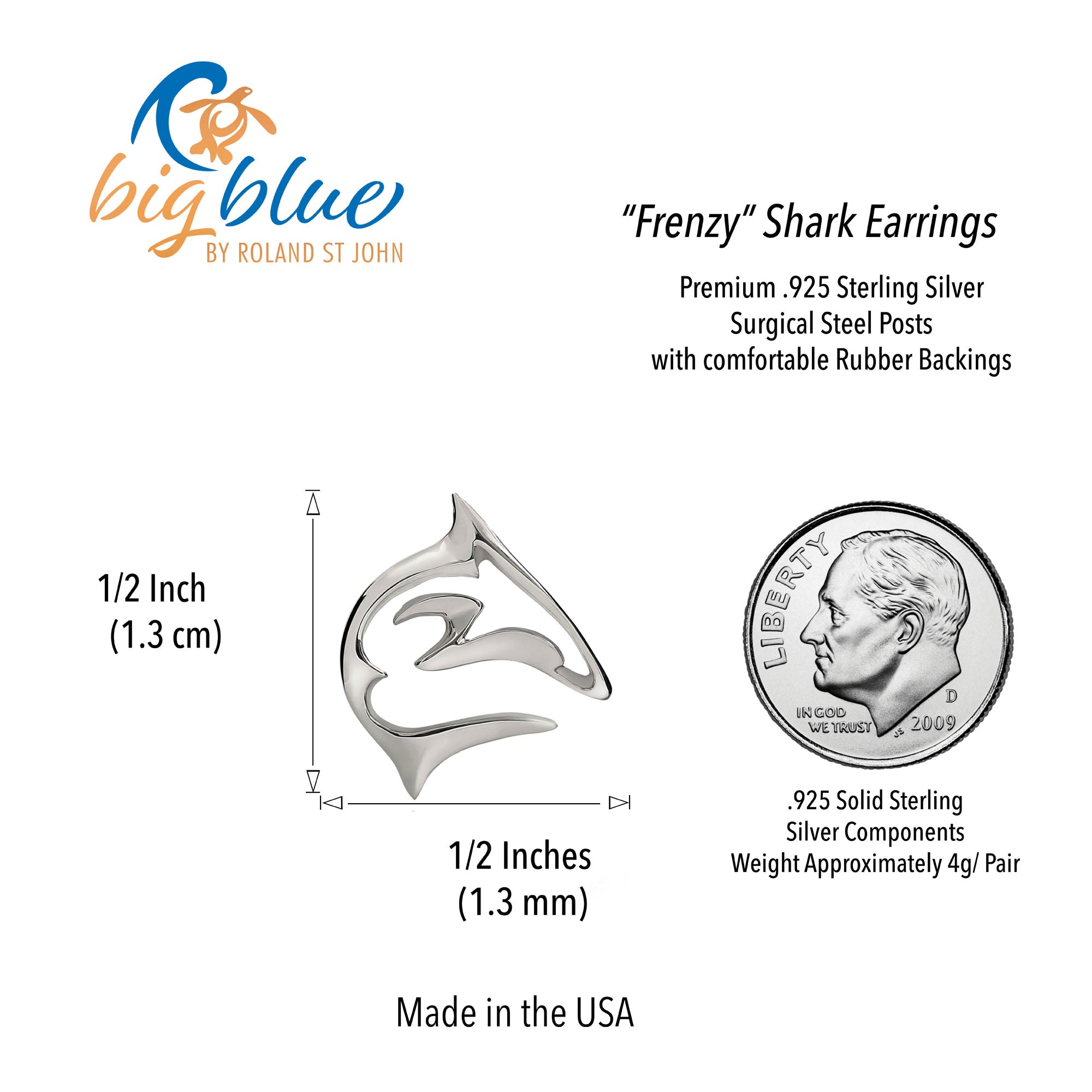 Shark earrings with size measurement and coin for scale on a white background