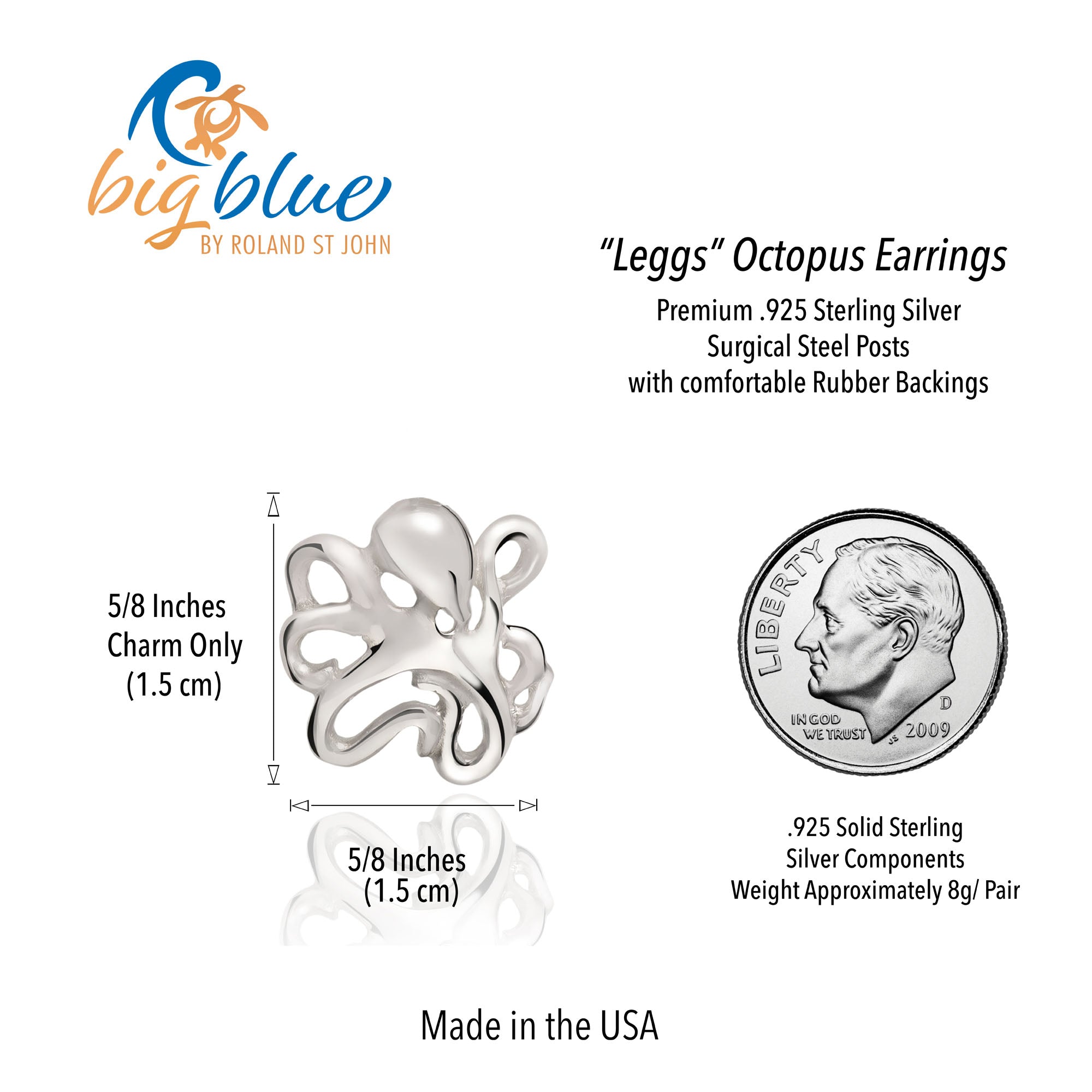 Silver octopus earring with measurement details and 'big blue' branding.