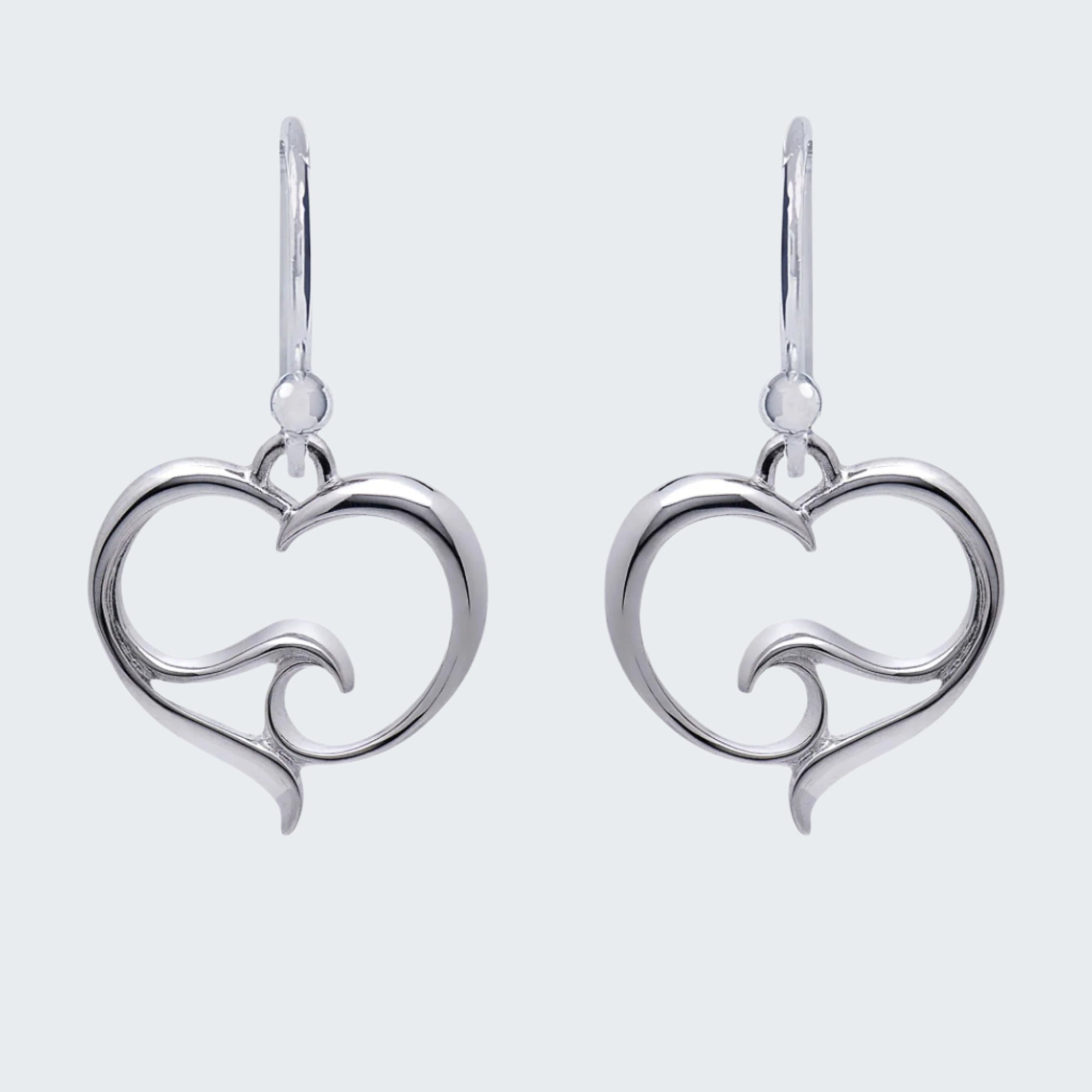 Ocean Wave Heart Drop Earrings Sterling Silver