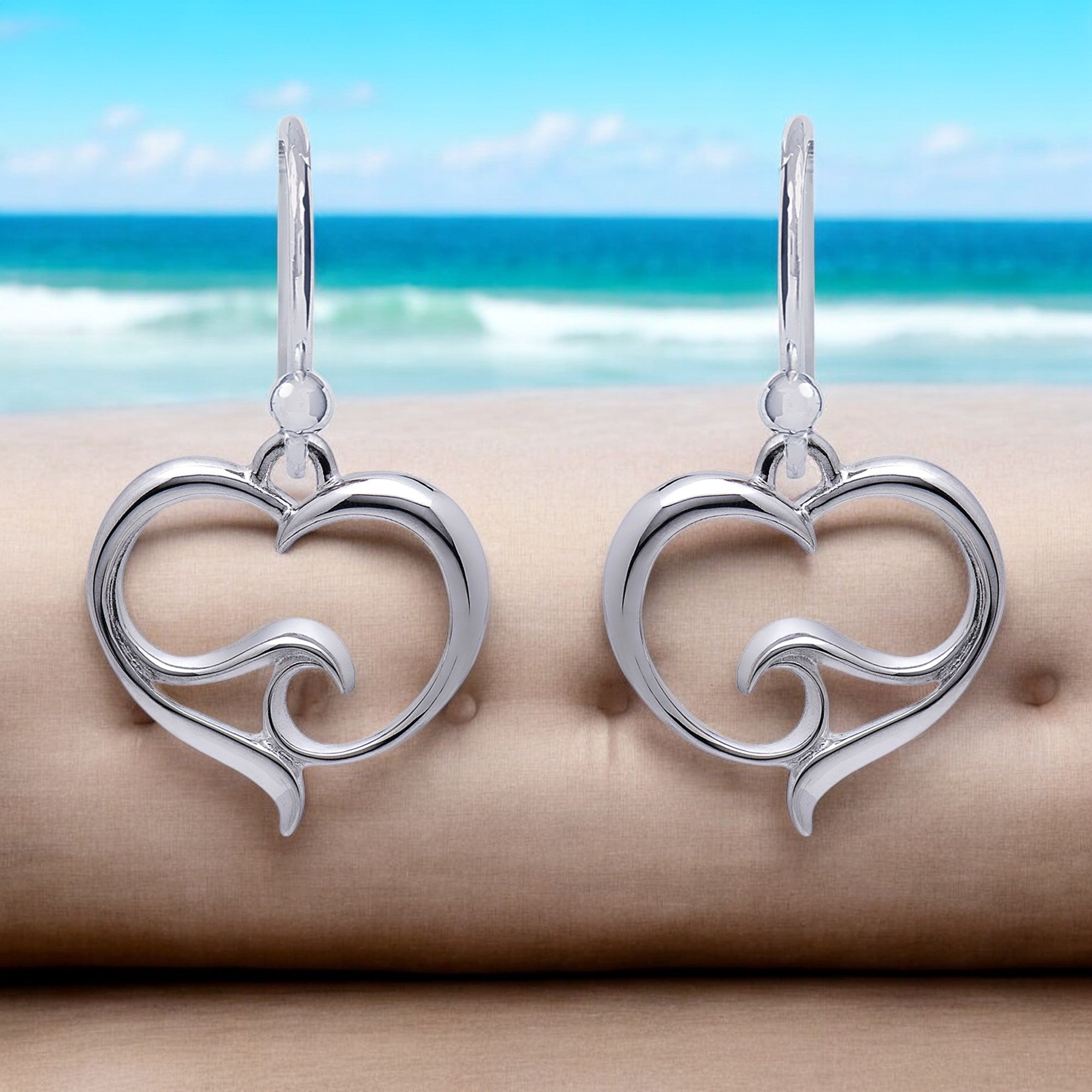 Ocean Wave Heart Drop Earrings Sterling Silver