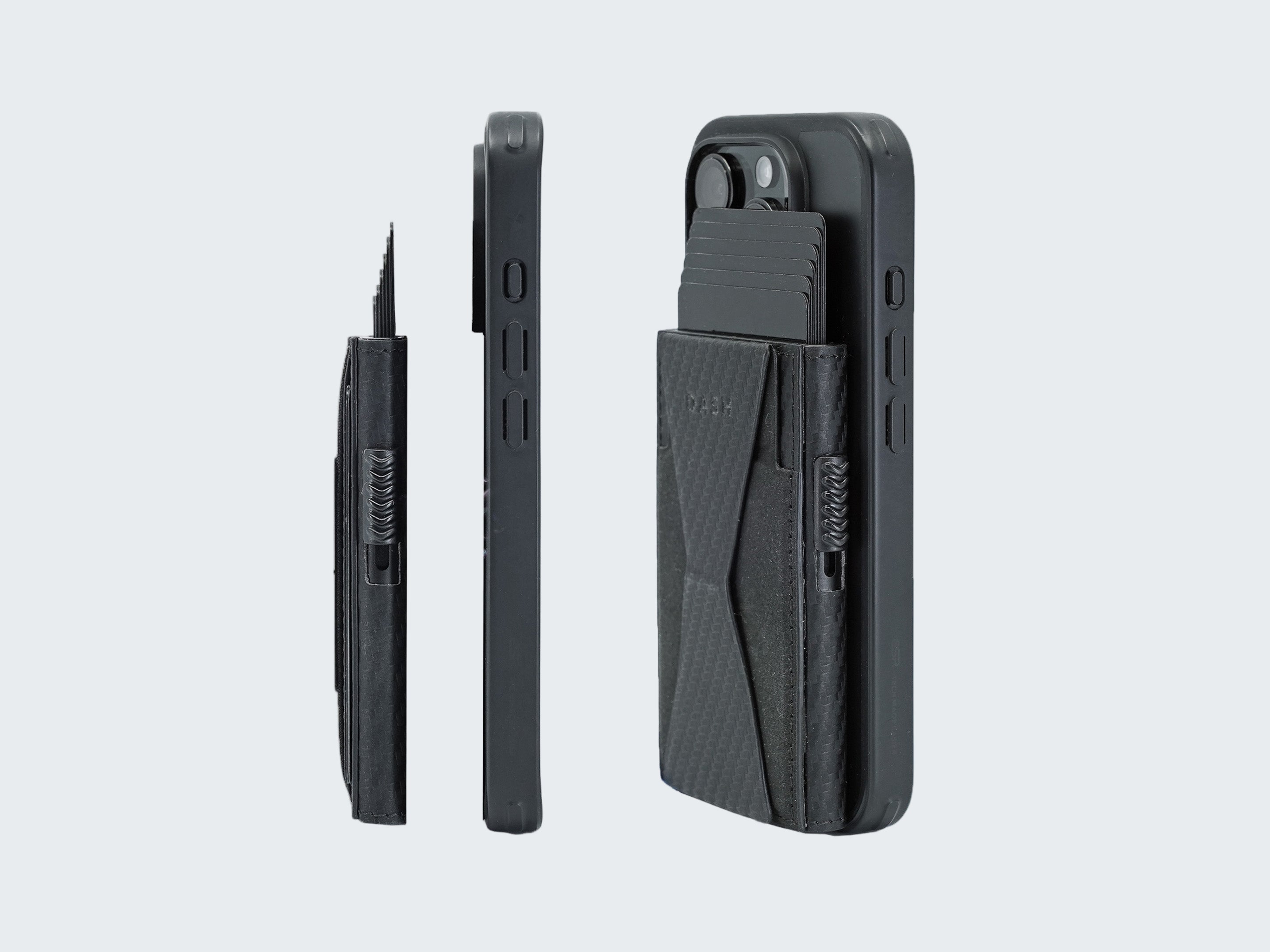 Black phone case with additional compartments on a light gray background
