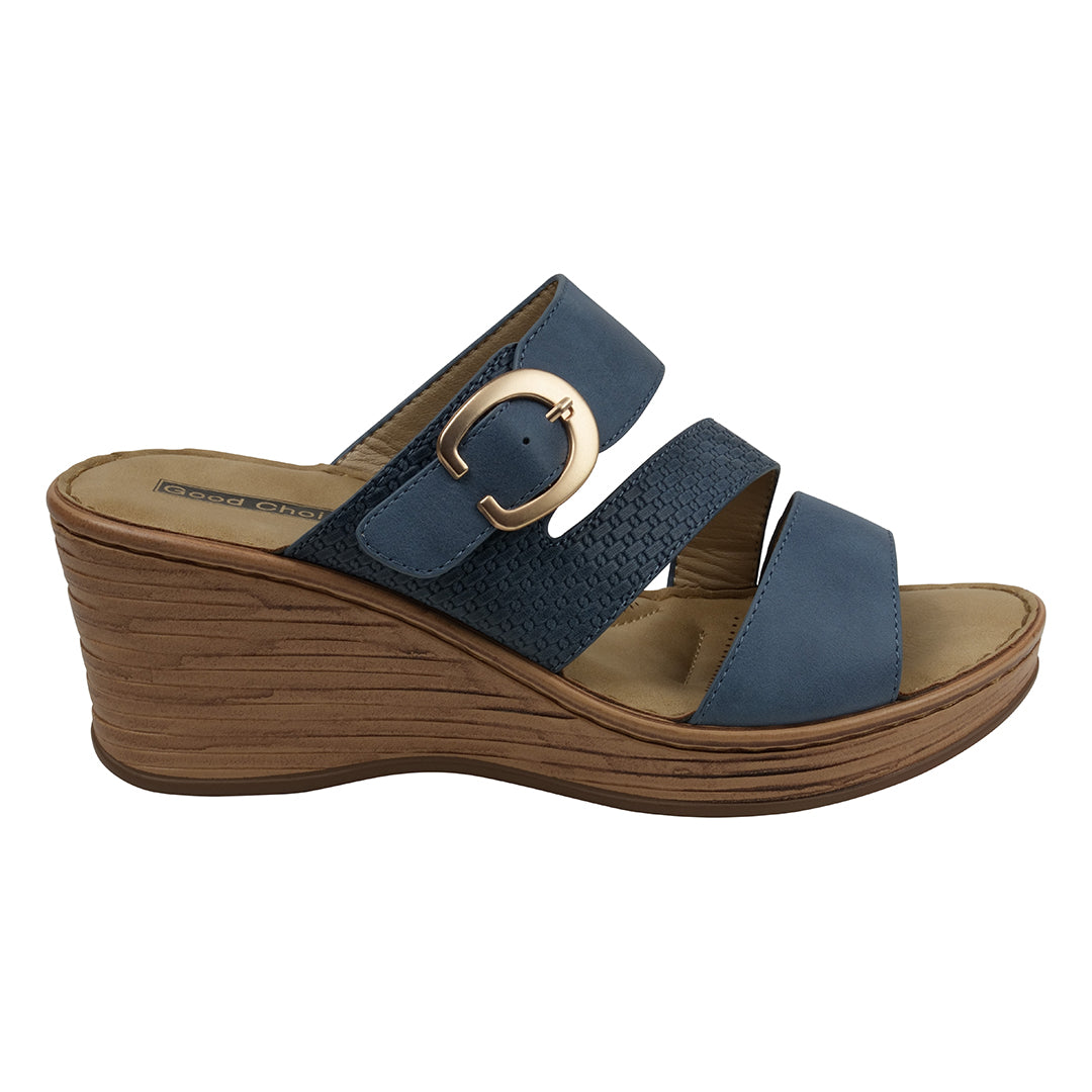 GC Shoes Women's Odalis Blue Wedge Sandals with Buckle