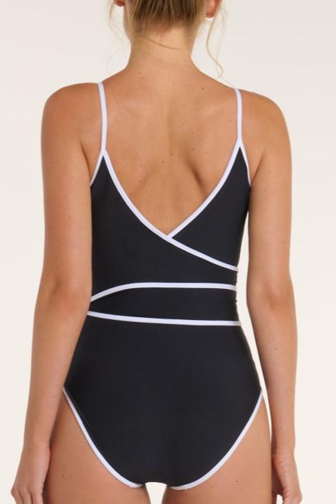 Black swimsuit with white accents on a plain background