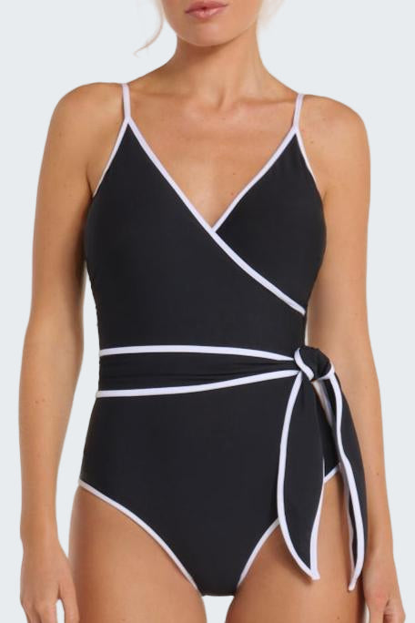 Black one-piece swimsuit with white accents on a model against a white background