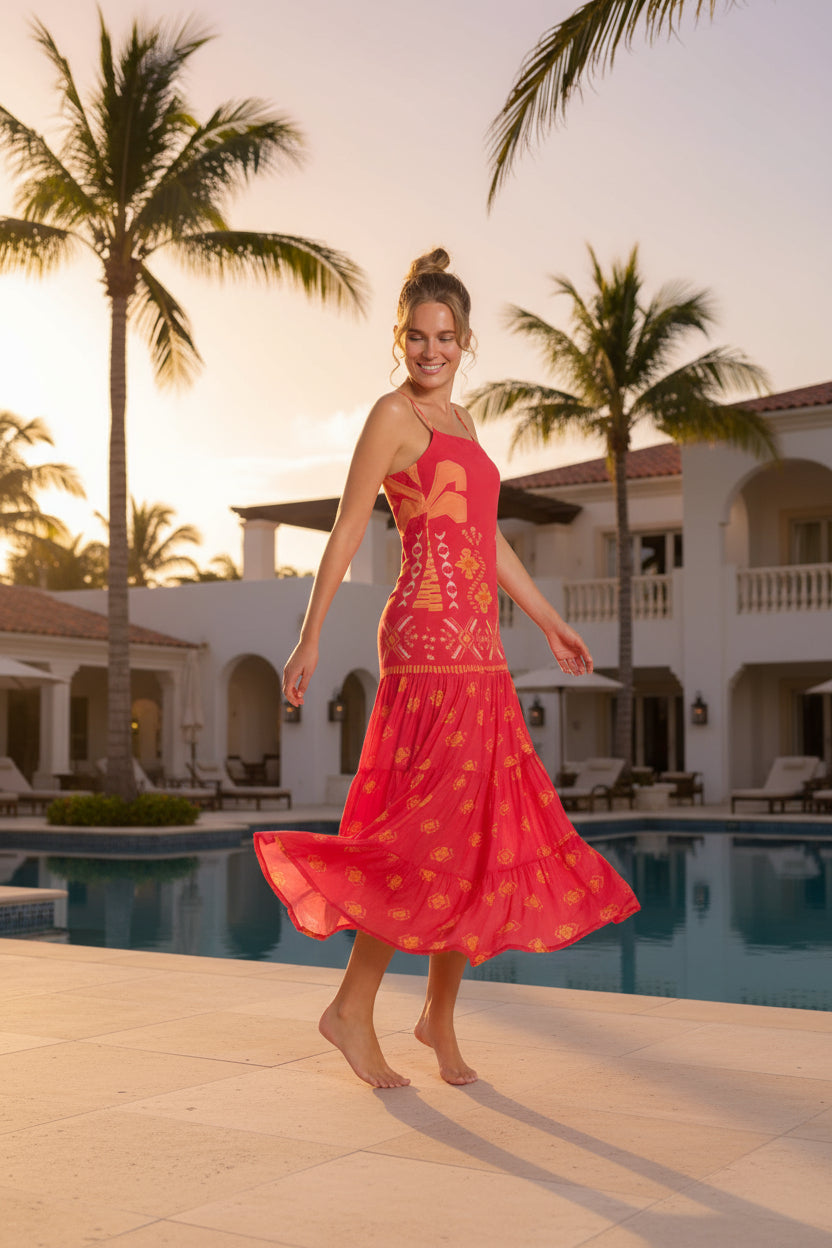 Woman wearing a red dress with a pattern on a white background
