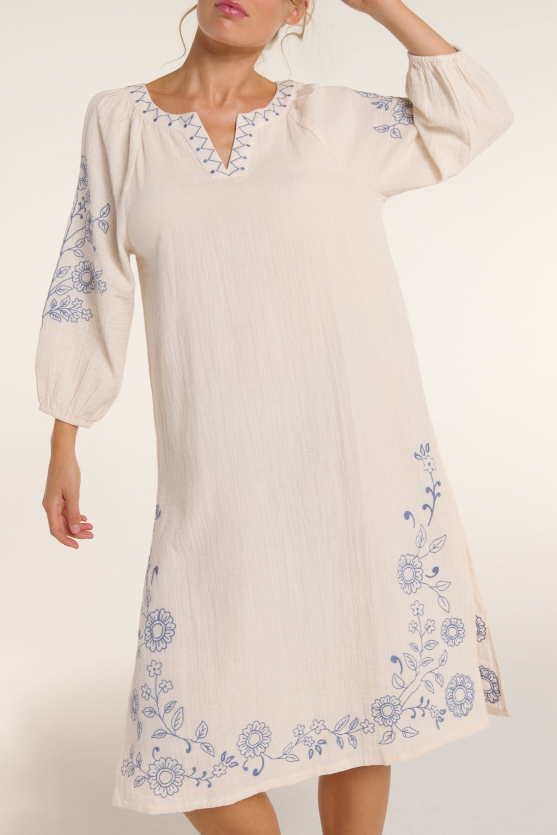 Beige dress with floral embroidery on a plain background