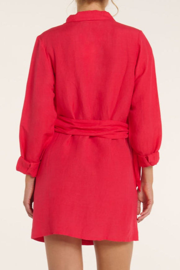 Red dress with a belt on a white background