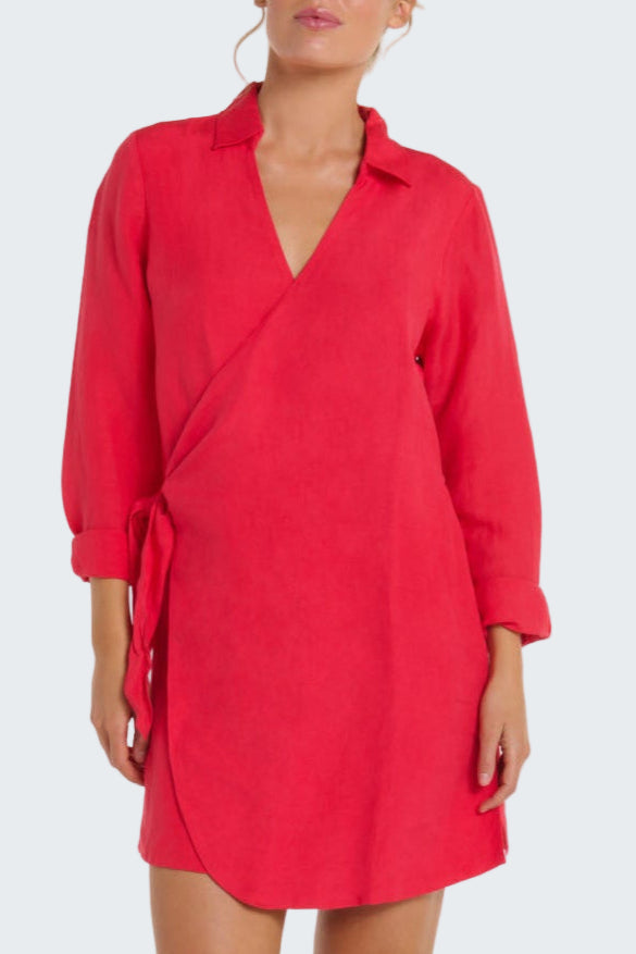 Red dress with a V-neck and long sleeves on a white background