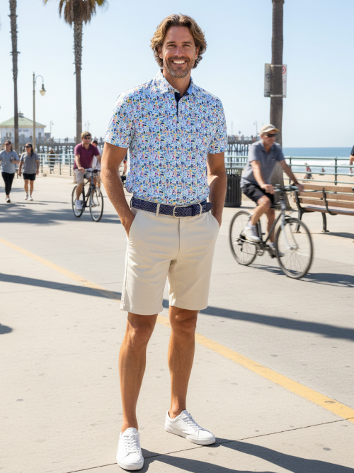 Man standing on a boardwalk wearing a patterned shirt and beige shorts, with people and bicycles in the background.