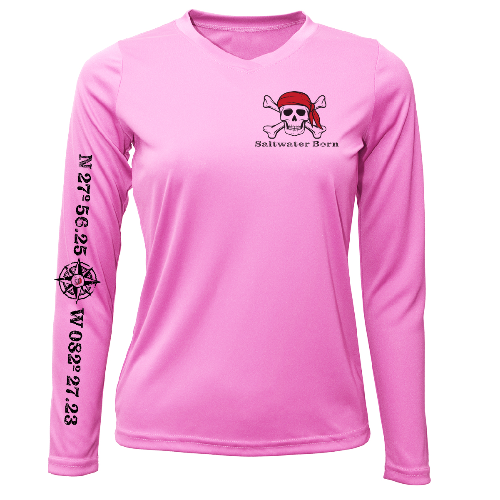 Pink long-sleeve shirt with a skull and crossbones design and text on a white background