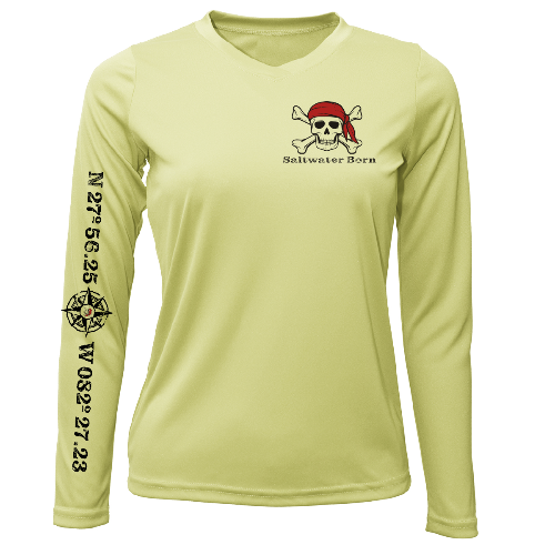 Light green long-sleeve shirt with a skull and crossbones design and text on a white background