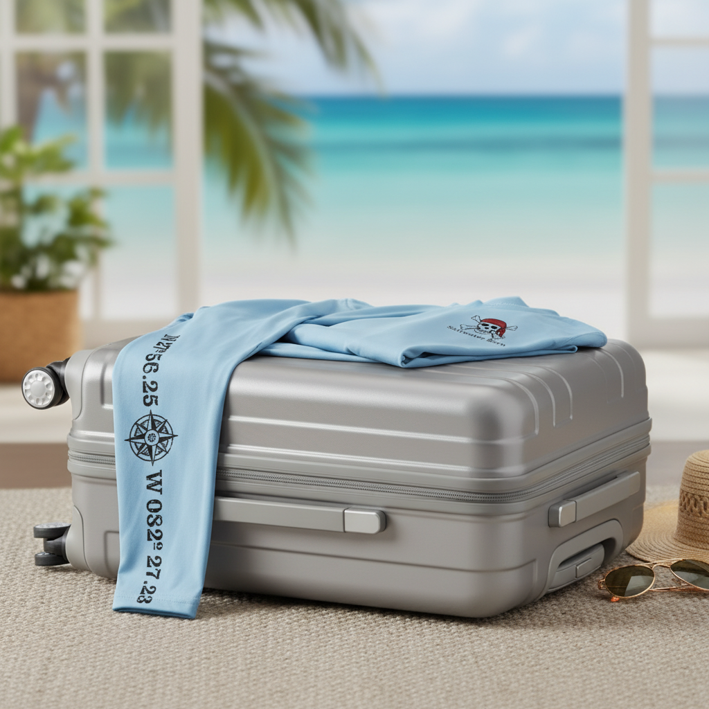 Light blue long-sleeve shirt with a skull and crossbones design and text on a white background