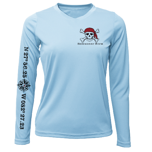 Light blue long-sleeve shirt with a skull and crossbones design and text on a white background
