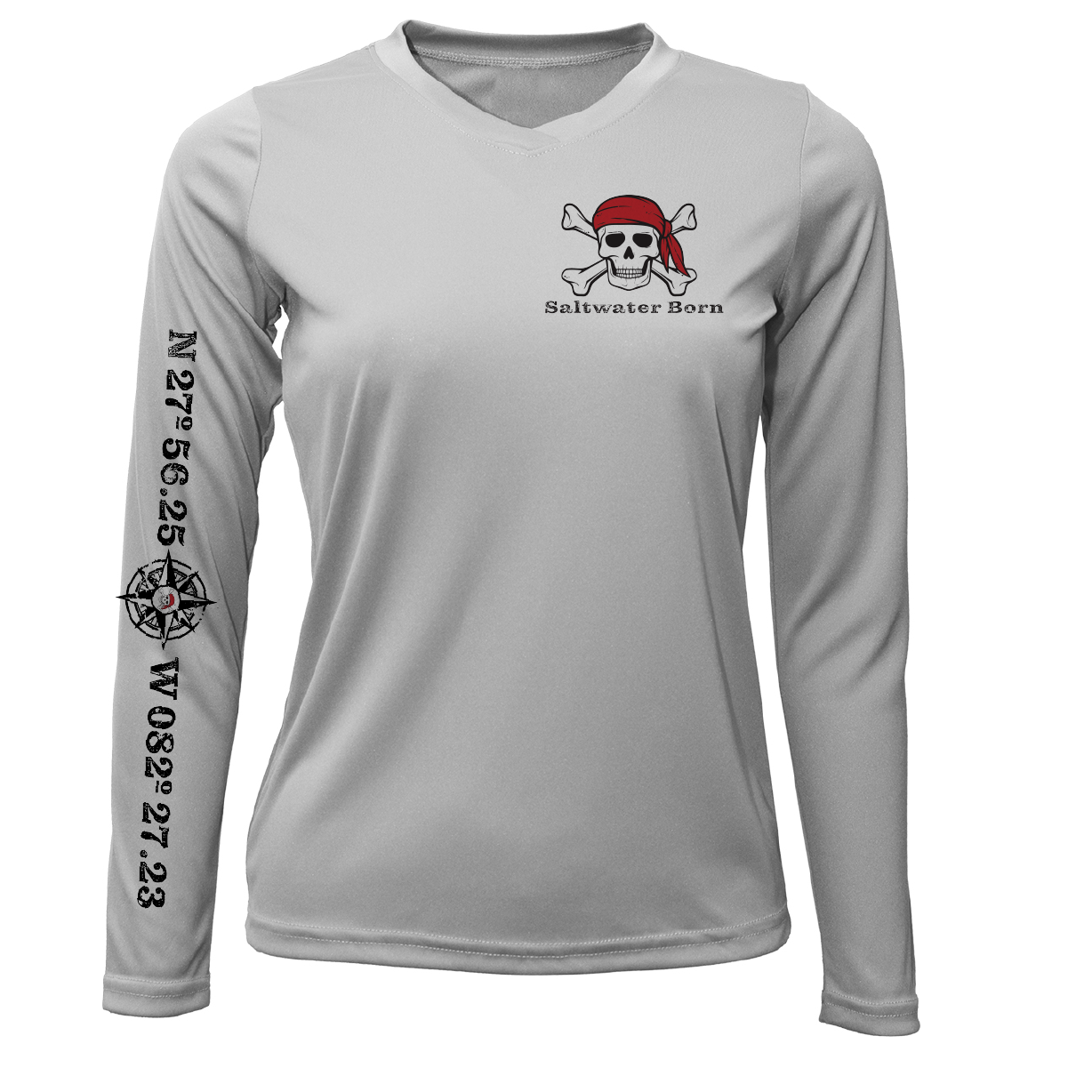Gray long-sleeve shirt with skull and crossbones design and 'Saltwater Born' text on a white background