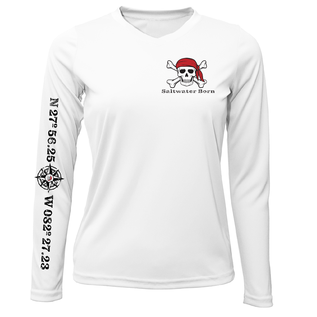 White long-sleeve shirt with a skull and crossbones design and 'Saltwater Born' text on a white background.
