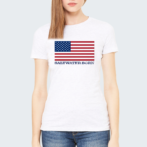 White t-shirt with American flag and 'Saltwater Born' text worn by a person on a white background