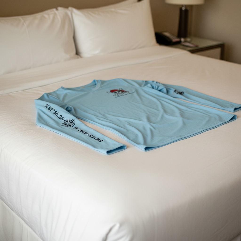 Light blue long-sleeve shirt with a skull and crossbones design and text on a white background