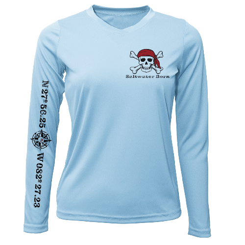 Light blue long-sleeve shirt with a skull and crossbones design and text on a white background
