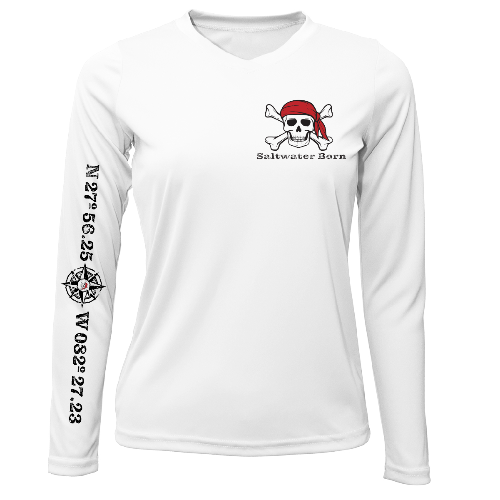 White long-sleeve shirt with a skull and crossbones design and text on a white background
