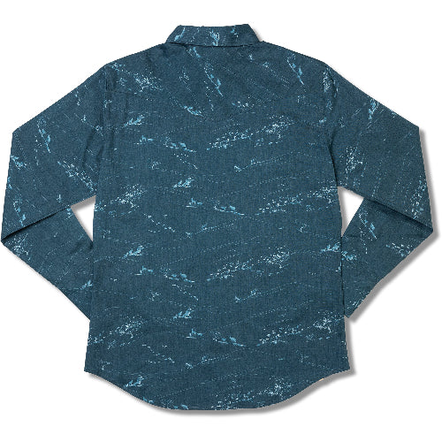 Blue patterned shirt on a white background