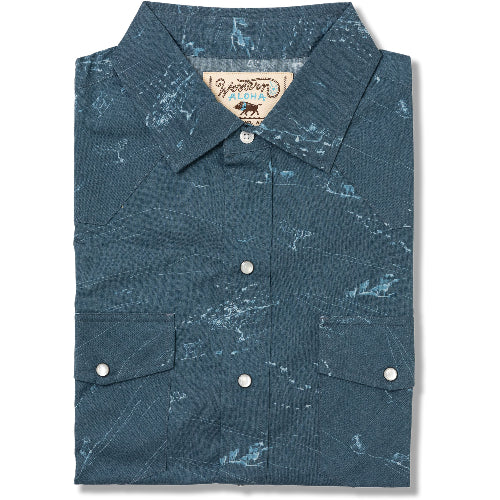 Blue patterned shirt with a collar on a white background