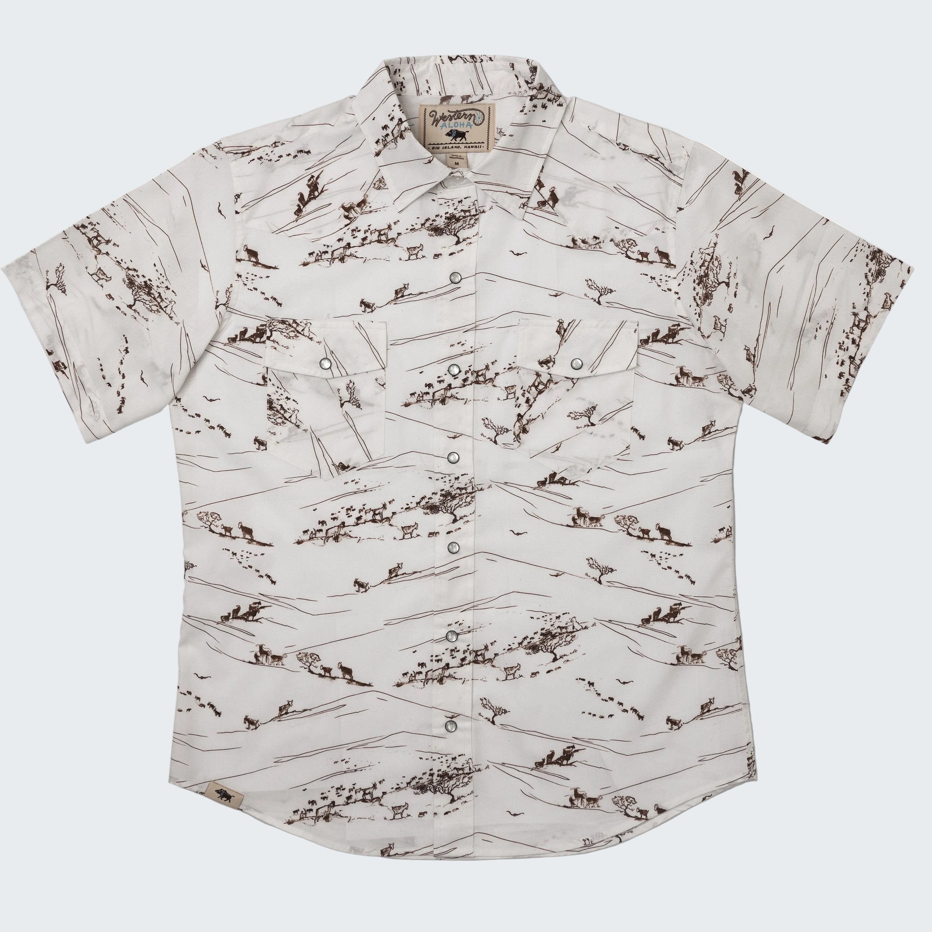 Short-sleeve shirt with hunting-themed pattern on a white background