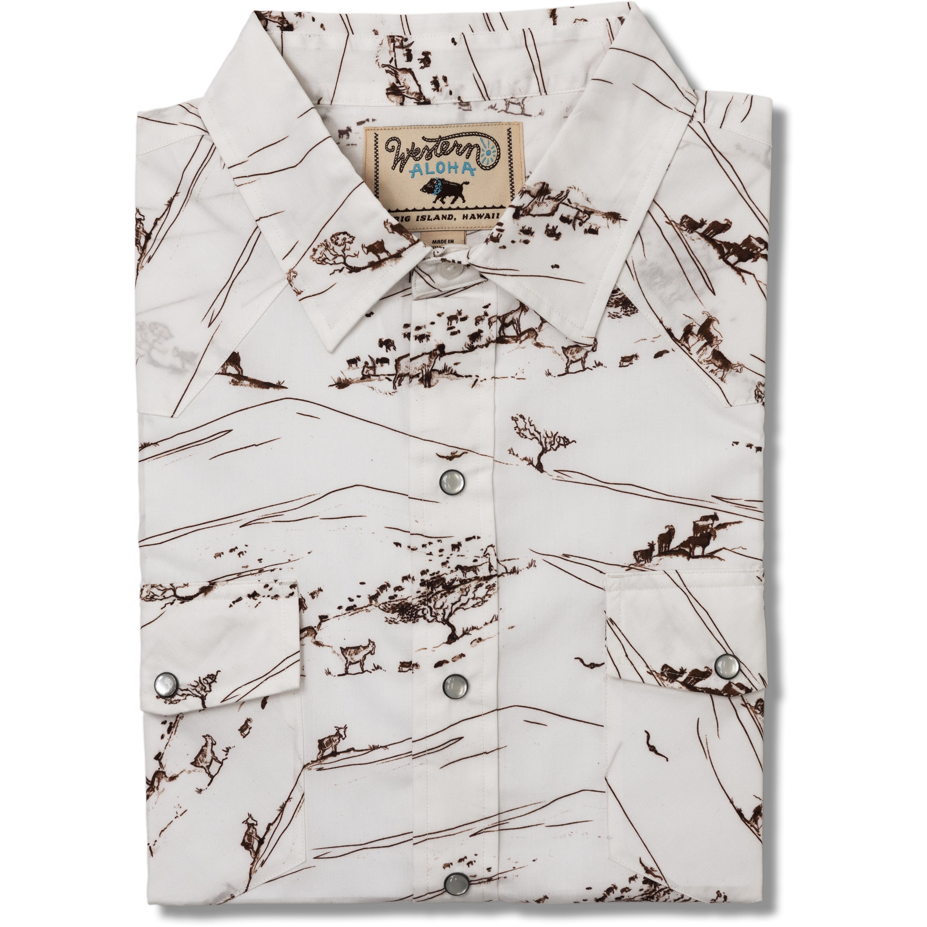 White shirt with brown graphic pattern on a white background