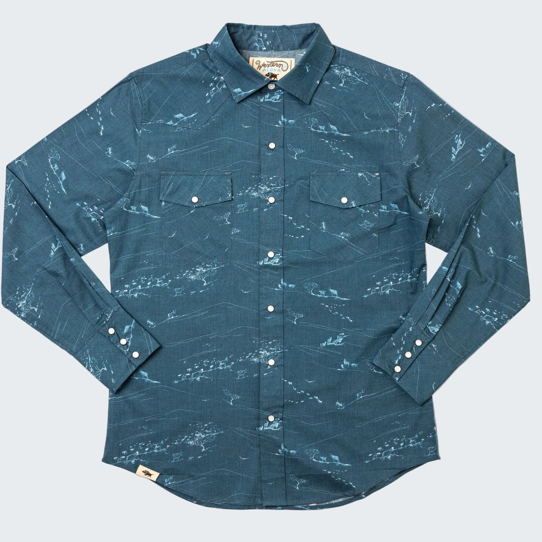Blue patterned shirt on a white background