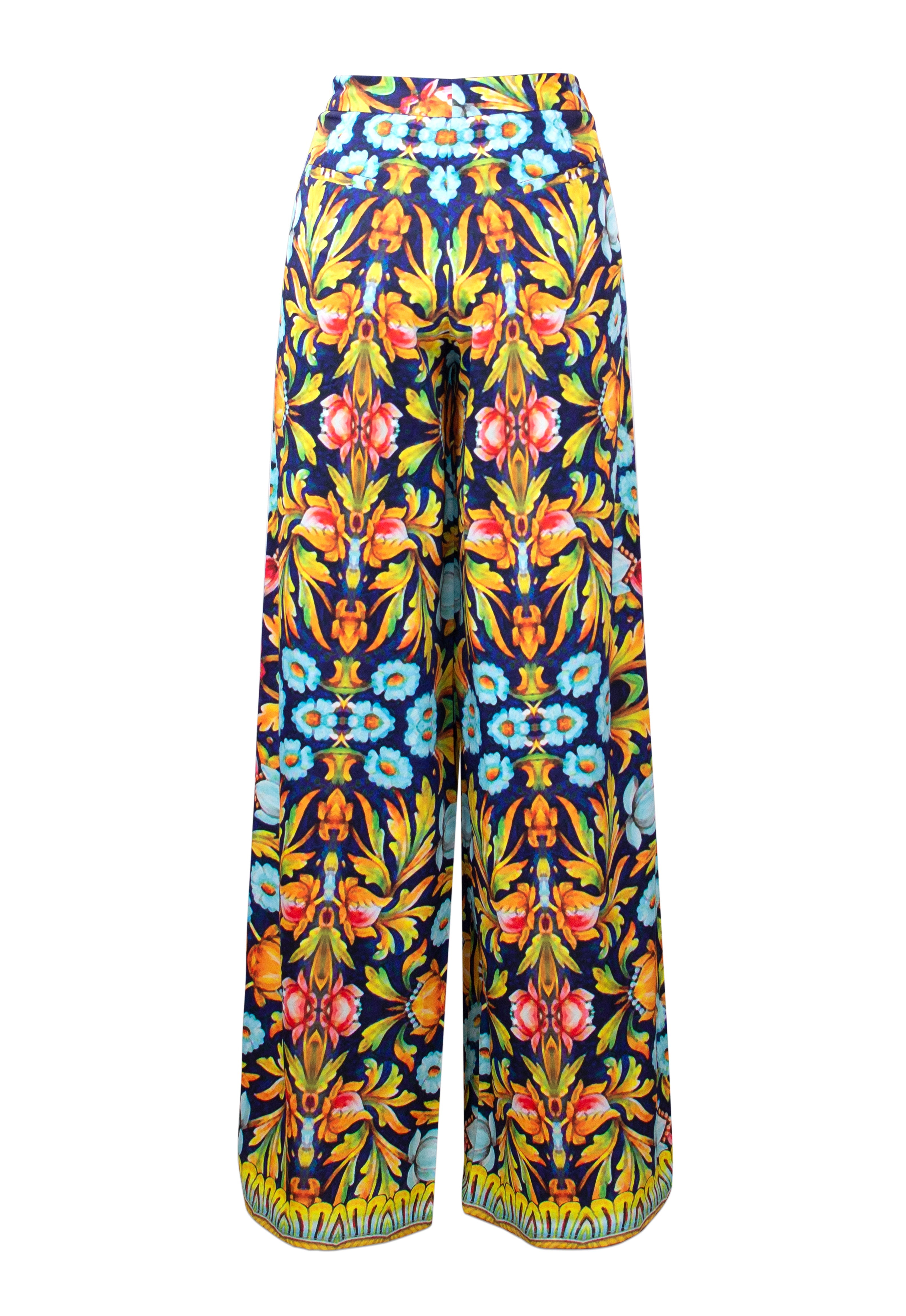 Colorful floral-patterned pants on a white background