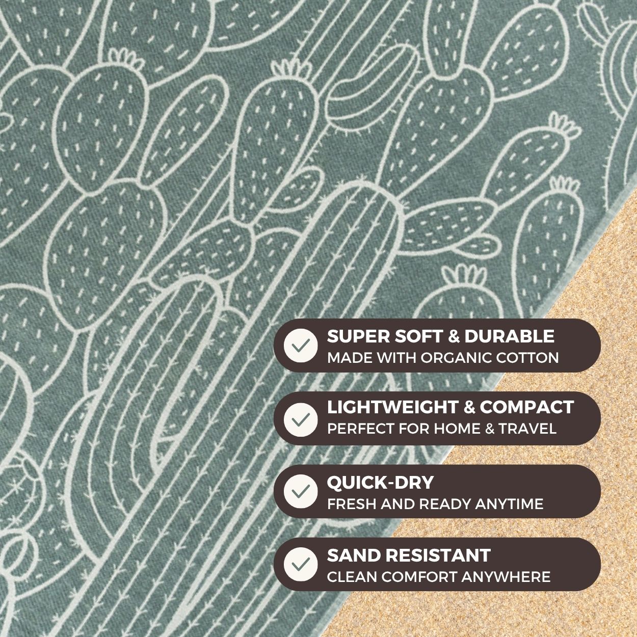 Pattern of cacti on a textured surface with product features listed.