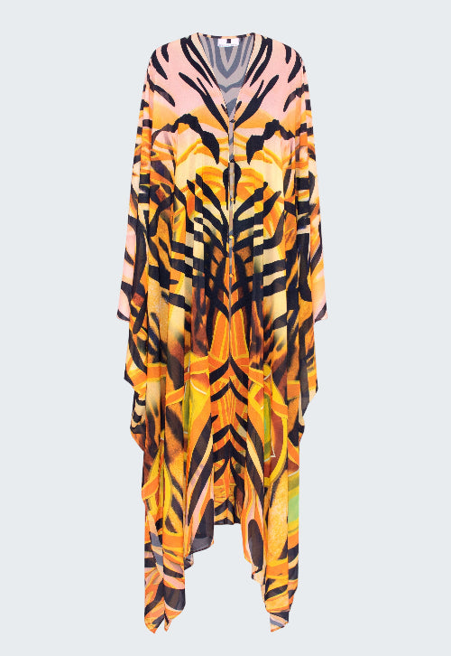 Long sleeve dress with a colorful abstract pattern on a white background