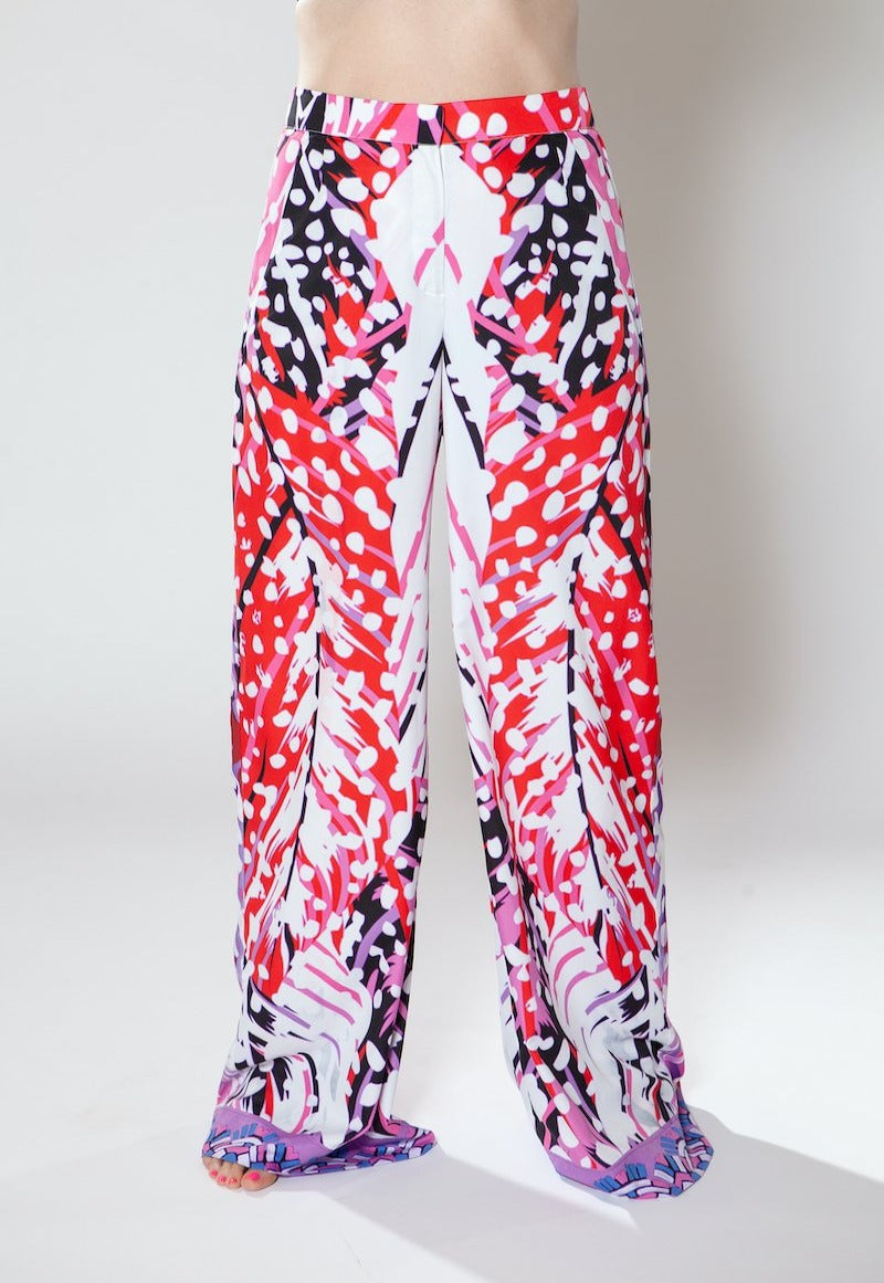 Colorful patterned pants on a white background