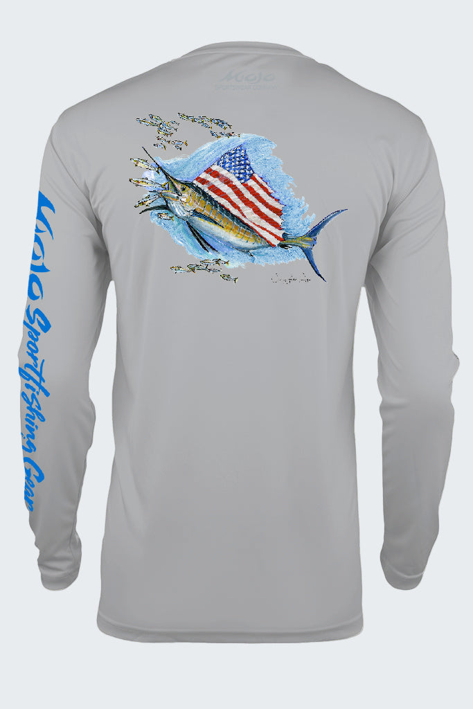 Gray long-sleeve shirt with fish design and American flag on a white background