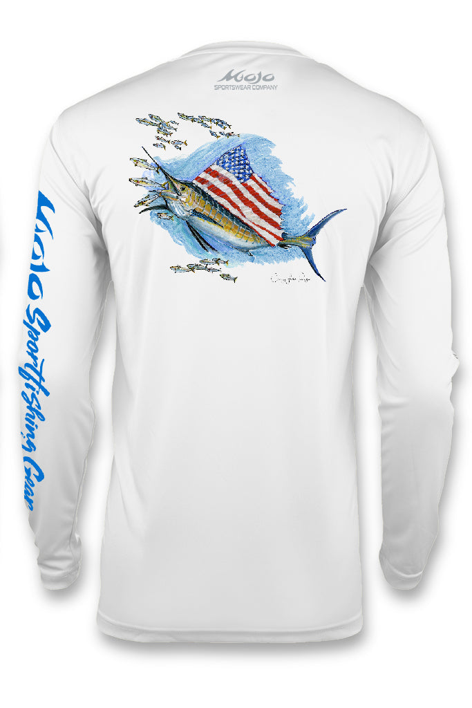 White long-sleeve shirt with fish design and American flag on a white background