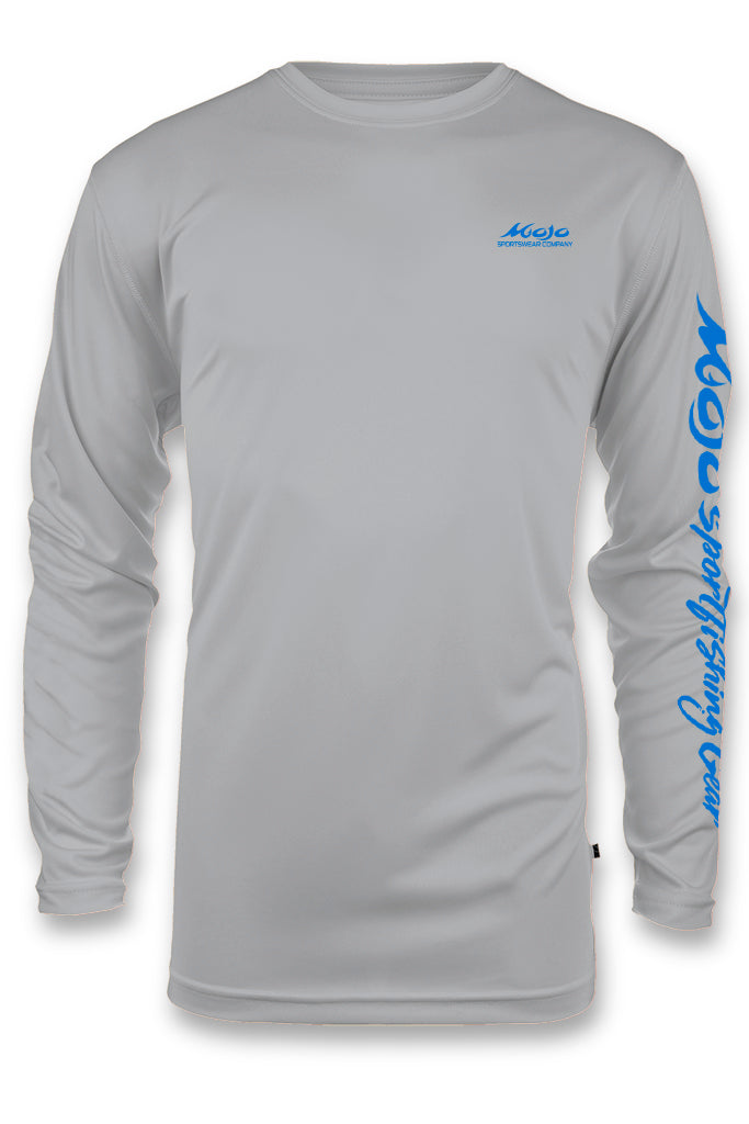 Gray long-sleeve shirt with blue branding on a white background