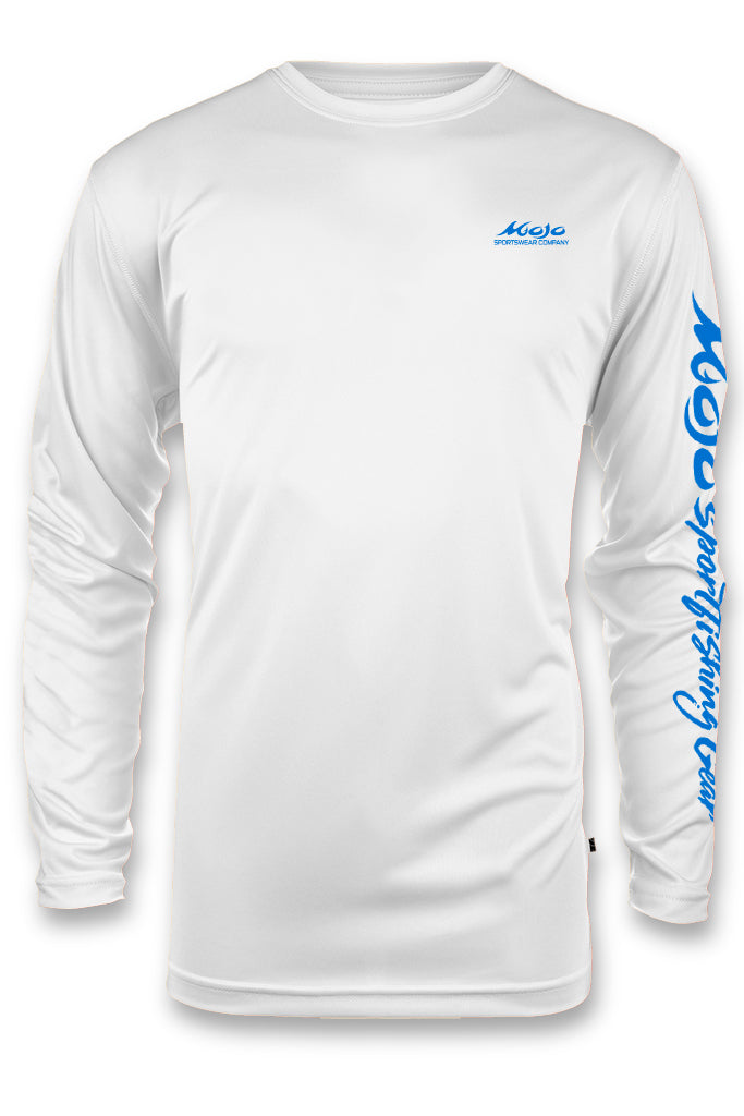 White long-sleeve shirt with blue branding on a white background