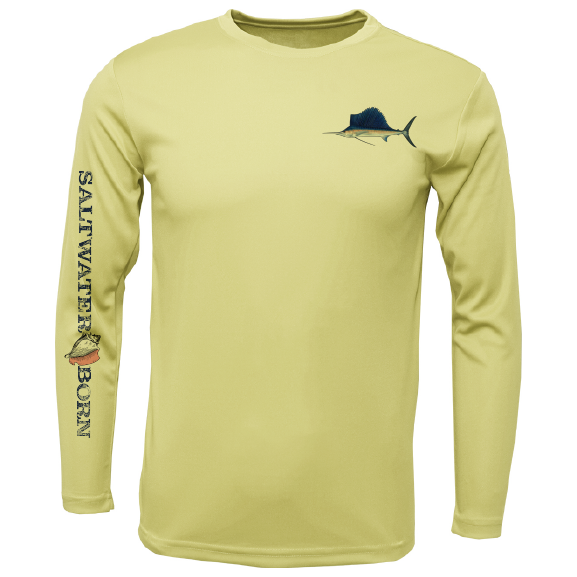 Yellow long-sleeve shirt with fish graphics and 'Saltwater Born' text on a white background