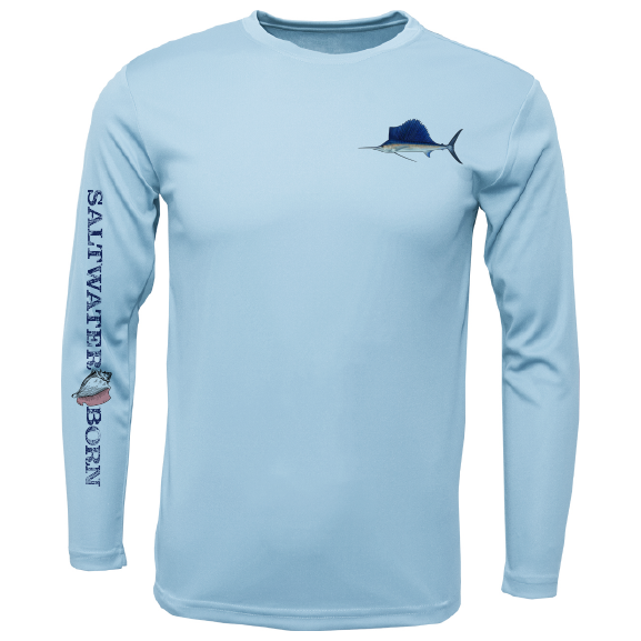 Light blue long-sleeve shirt with fish graphics and 'Saltwater Born' text on a white background