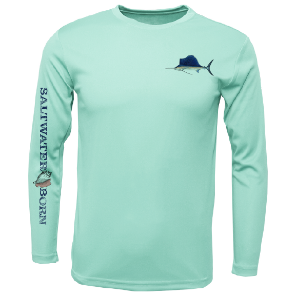 Light blue long-sleeve shirt with fish design and 'Saltwater Born' text on a white background