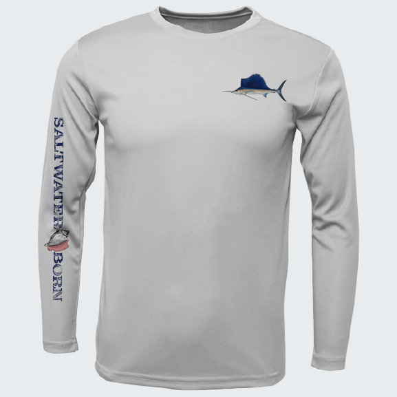 Gray long-sleeve shirt with fish design and 'Saltwater Born' text on a white background
