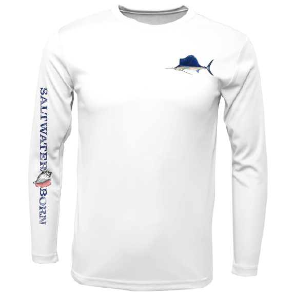 White long-sleeve shirt with fish graphics and 'Saltwater Born' text on a white background