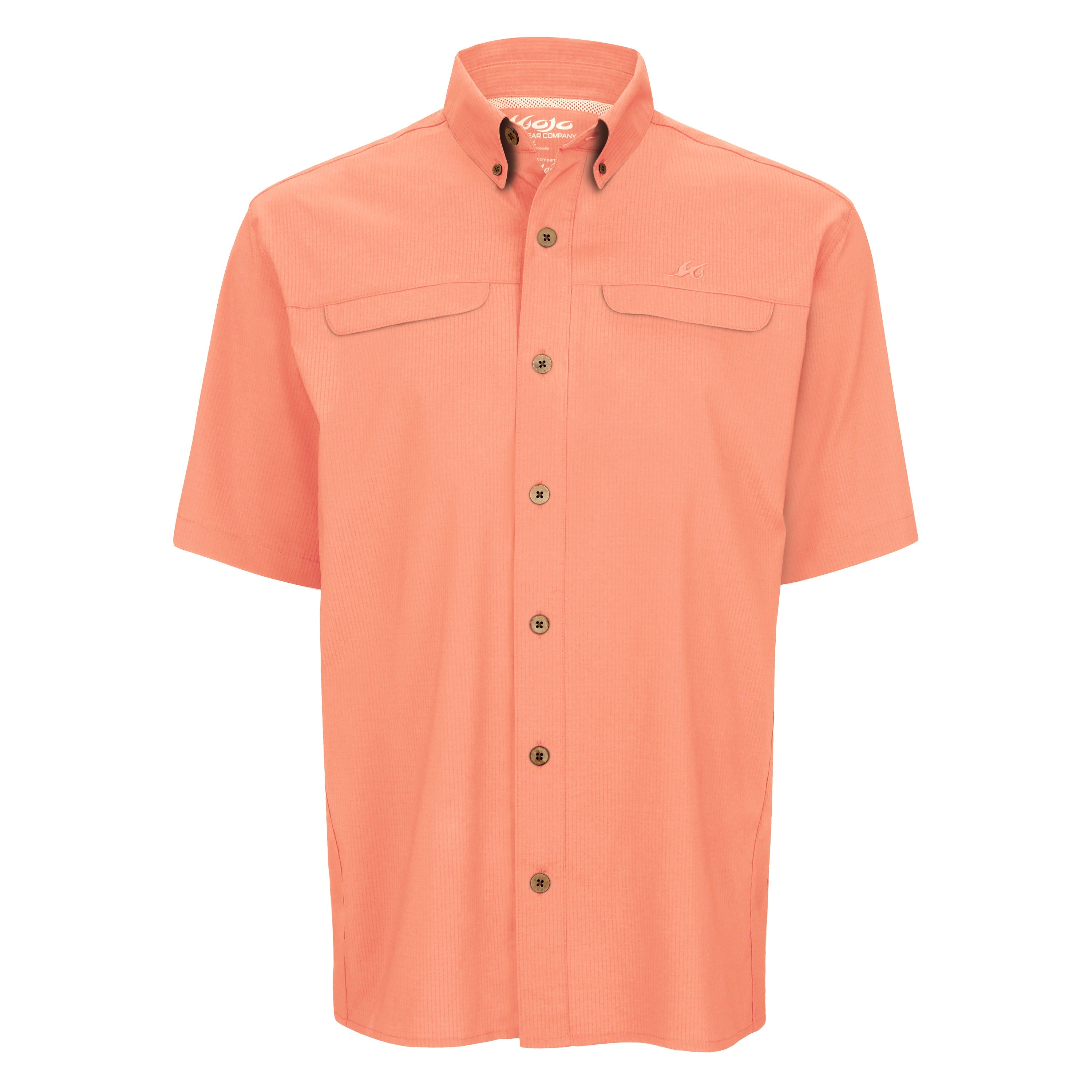 Coral short-sleeve shirt with button details on a white background