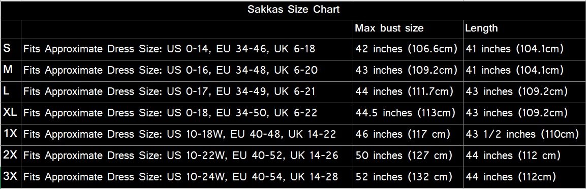 Sakka Size Chart for dresses with measurements in inches and dress sizes.