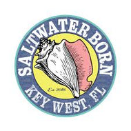 Round logo with a conch shell and text 'Saltwater Born Key West, FL' on a blue background