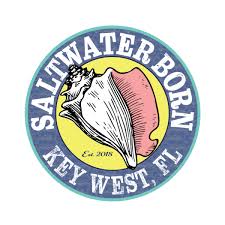 Round logo with a conch shell and text 'Saltwater Born Key West, FL' on a blue background