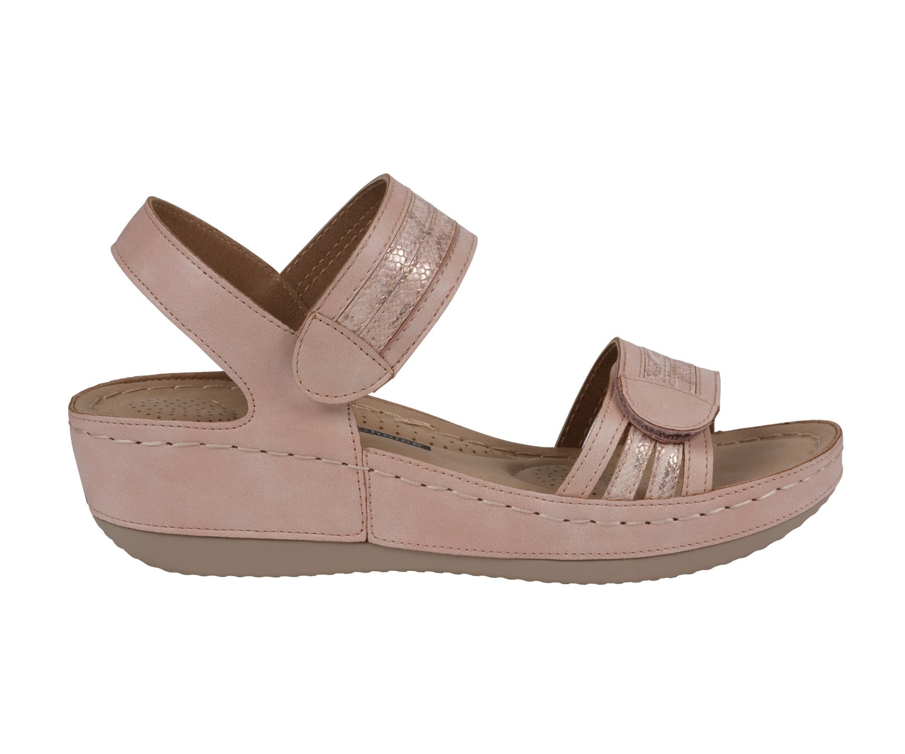 Pink sandal with a wedge heel on a white background