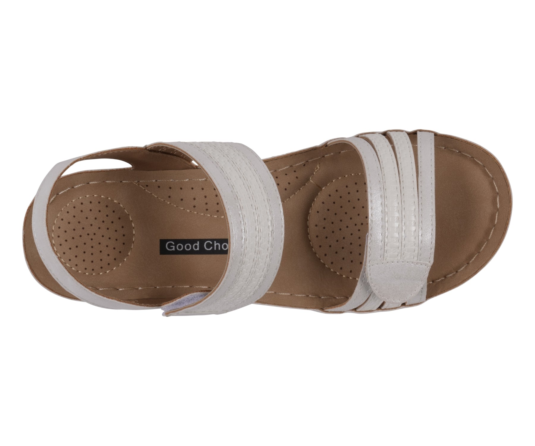 Brown sandal with white straps on a white background