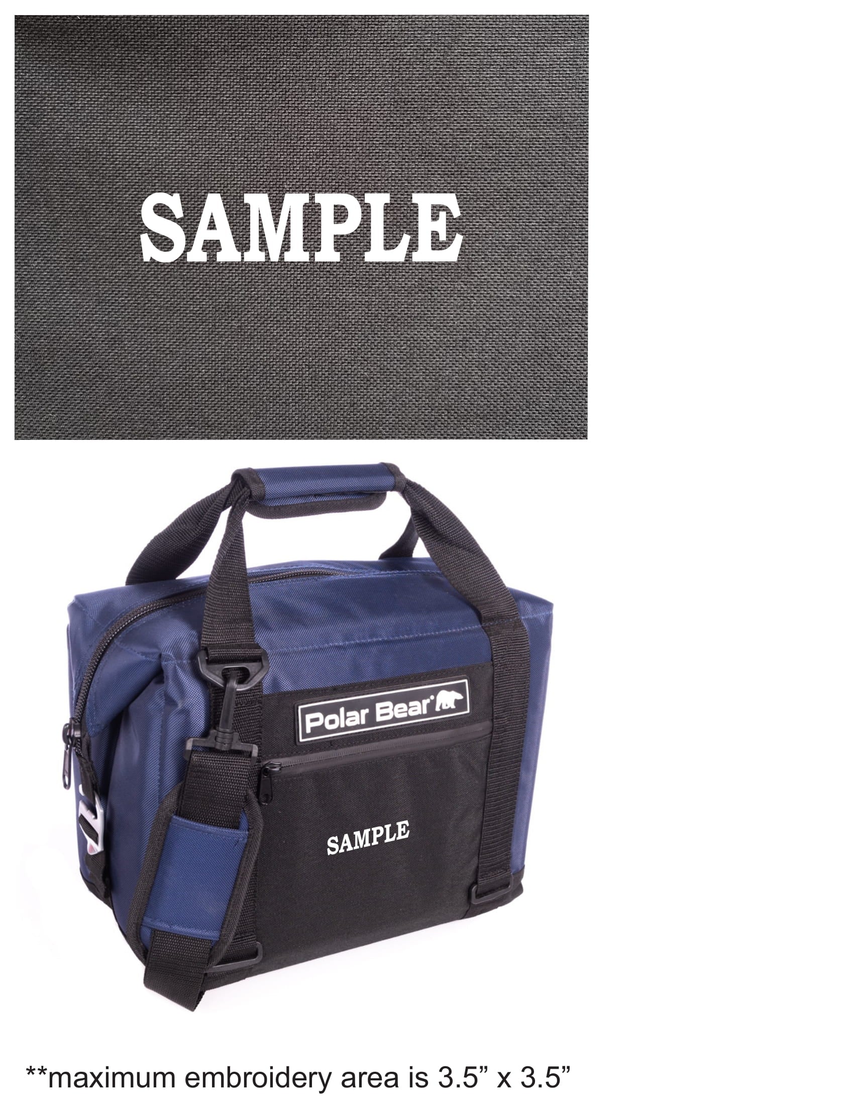 Blue and black bag with 'Polar Bear' branding and 'SAMPLE' text on a gray background